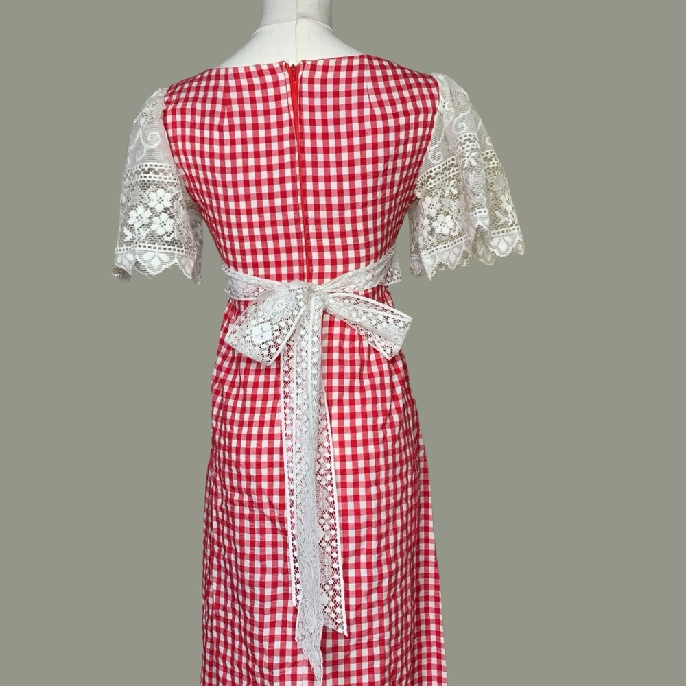 Vintage 70s Red Plaid Lace Cottagecore Prairie Maxi Dress - Picture 6 of 9